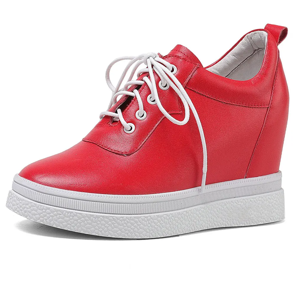 

Increasing Height Fashion Sneaker Women's Cow Leather Round Toe Platform Wedge Ankle Boots High Heels 34 35 36 37 38 39 40