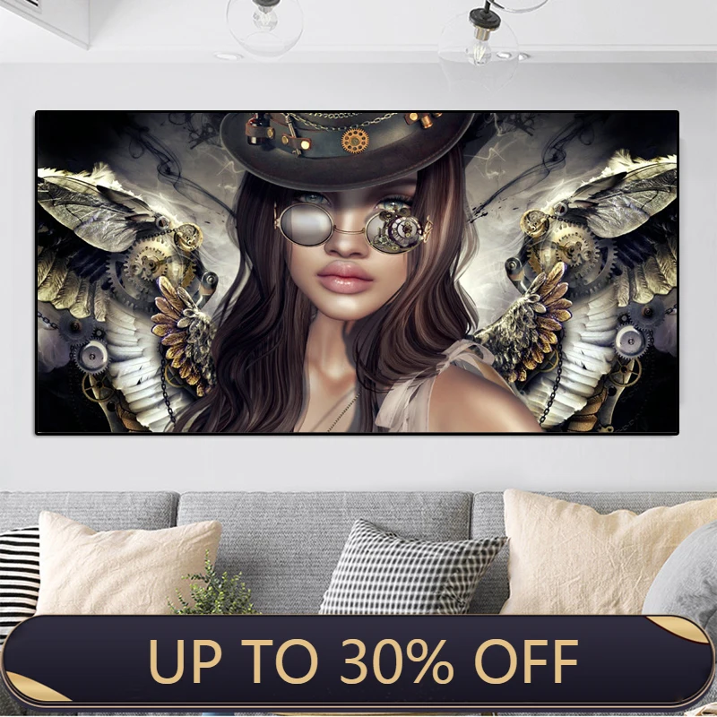 Холст Картина в стиле стимпанк пикантные женские портрет девушки с очками для