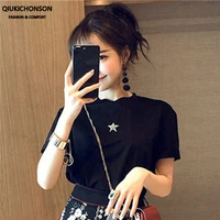 women black t shirt summer korean fashion diamonds nail bead glitter star tshirts cotton ladies tops tee shirt femme