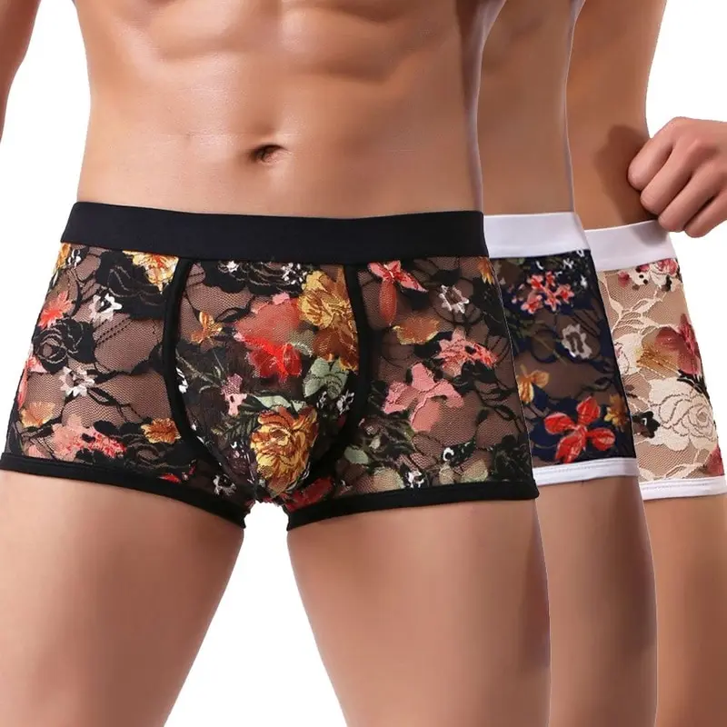 

Men Flower Print Mesh Transparent Breathable Boxer Underpants Ultra-thin Sexy Lace Soft Breathable Men Underwear Boxer Shorts