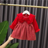 he hello enjoy baby girls winter red cute lapel thick plaid stitching children long sleeve casual dress with bow tie toddler