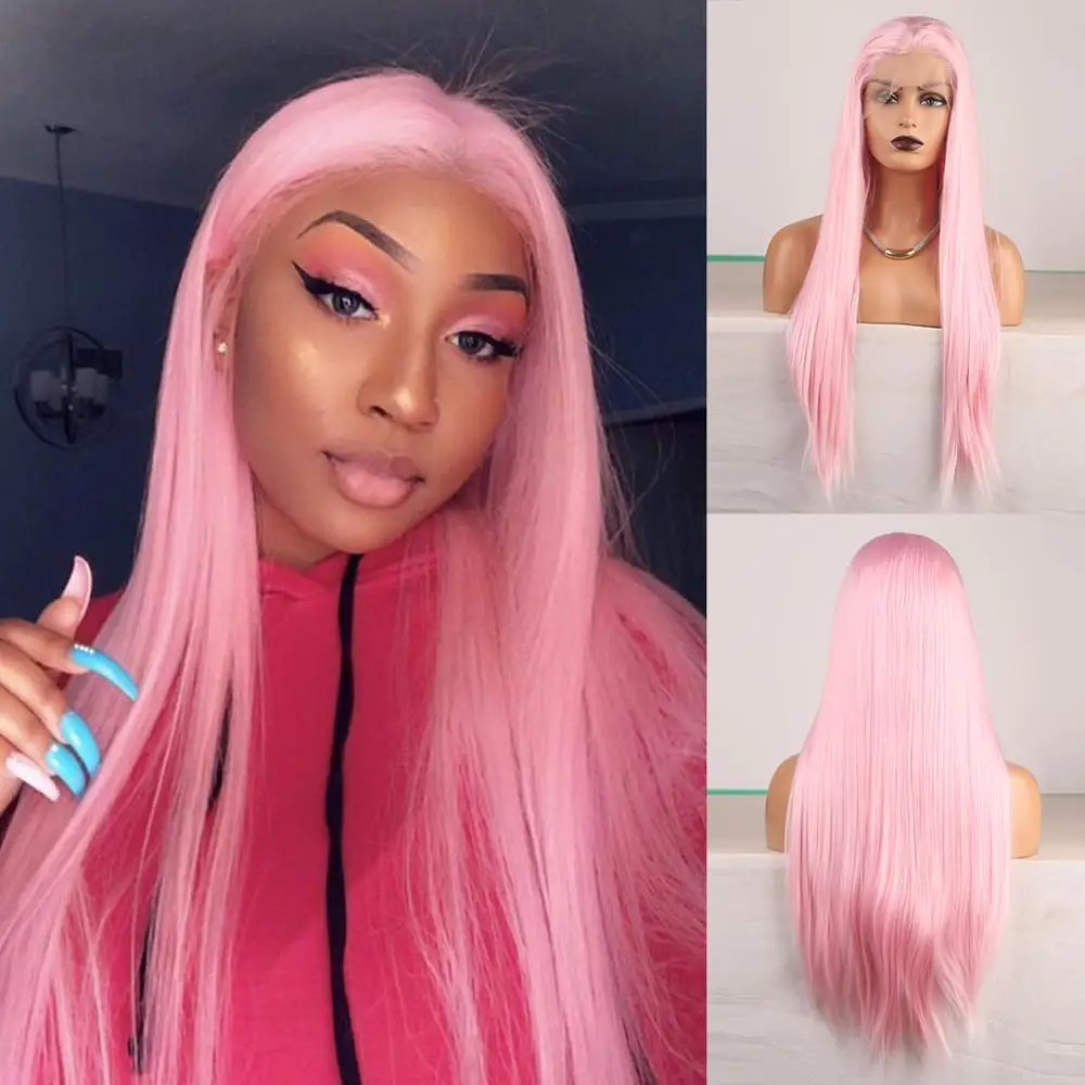 

RONGDUOYI Silky Straight Hair Wig Synthetic Lace Front Wigs for Women Long Pink Hair Lace Wig High Temperature Cosplay Wigs