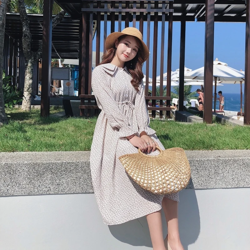 Весна Осень 2020 Новое Стильное платье средней длины с воротником в виде листьев