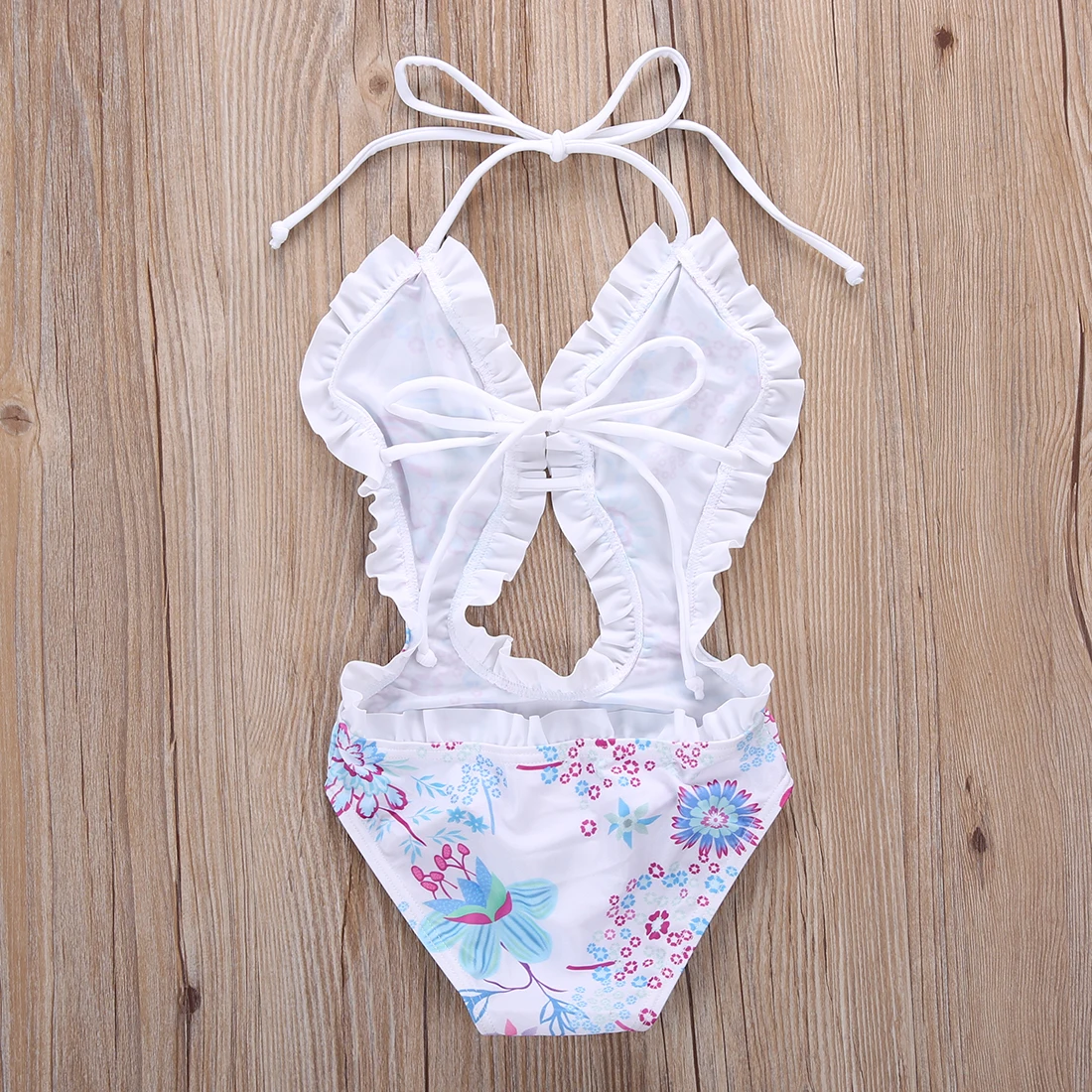

Summer Kids Girls Swimwear Jumpsuit, Floral Printed Sleeveless Backless Bandage Ruffled Swimsuit