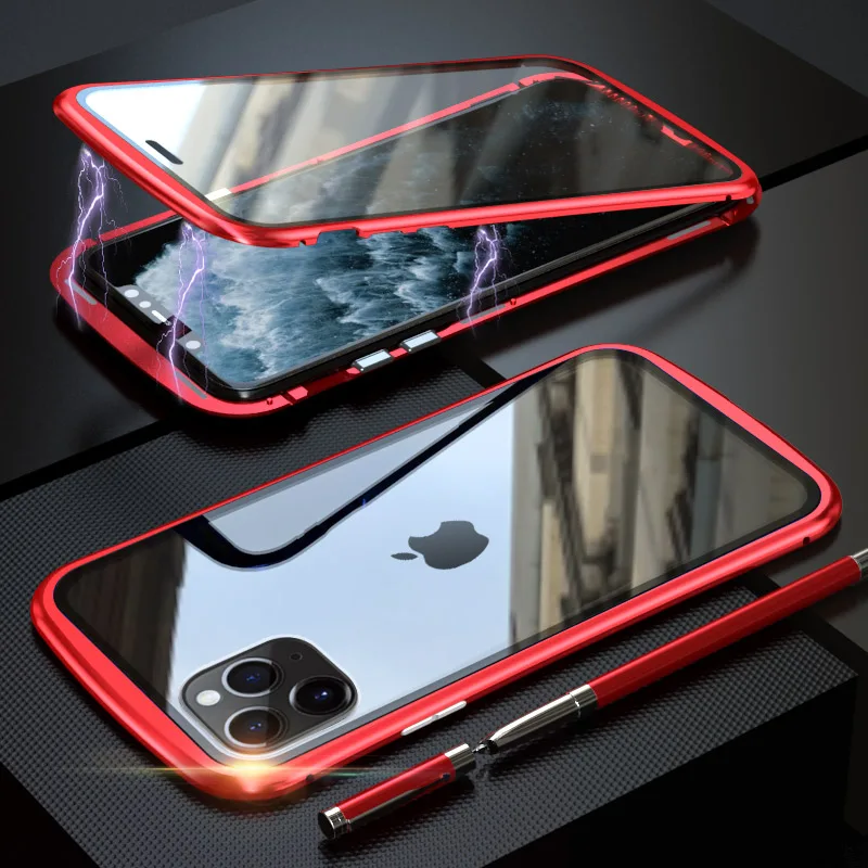 Red LUPHIE металлическая рамка двухстороннее закаленное стекло для iPhone 11 ОСА талии ультра тонкий ударопрочный чехол для iPhone 11 Pro Max - Цвет: Red