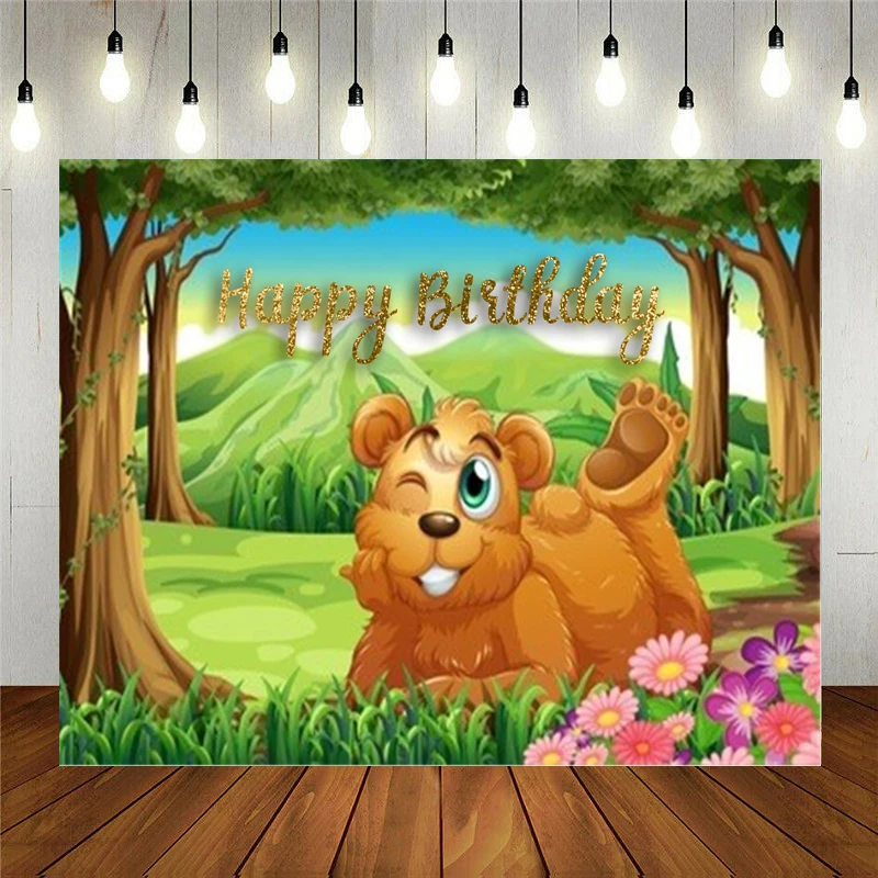 

Photography Backdrop Props Cartoon Cute Brown Bear In Animal Forest Vinyl Background For Kids Boy Birthday Party Decoration