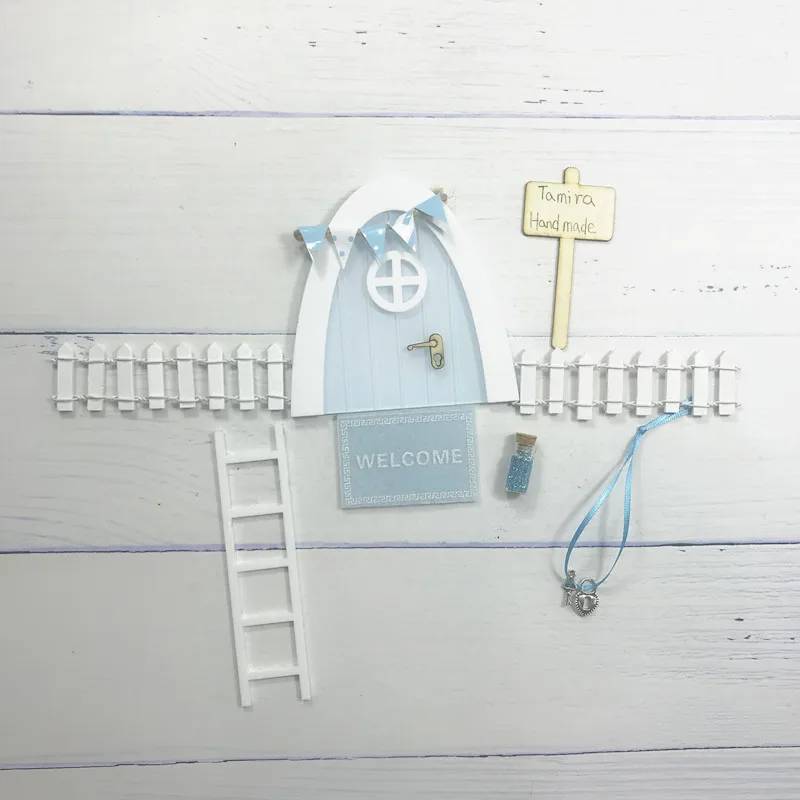 mini baby blue set Мини Арка ручной работы милый розовый Фея дверь мышь отверстие, миниатюрные деревянные двери с овсянкой и Персонализированная вывеска - Цвет: mini baby blue set