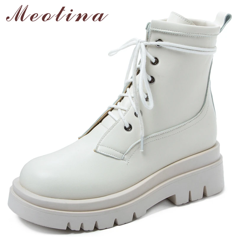

Meotina Women PU Leather Motorcycle Boots Thick High Heel Platform Ankle Boot Round Toe Lace Up Ladies Boots Autumn Winter Black