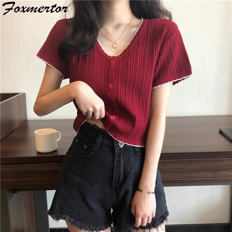 

Knitted T Shirt Female Summer Tops Tee Shirt Solid Short Sleeve V Neck Women Cute Sweet Casual TShirt #T44
