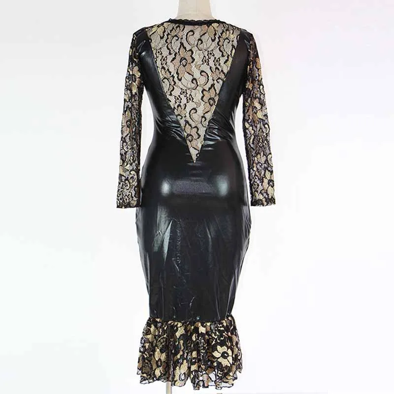 

Fashion 2019 Dress Women Sexy Long Sleeve Floral Lace Patchwork Vinyl Leather Autumn Casual Mid- Calf Work Dress