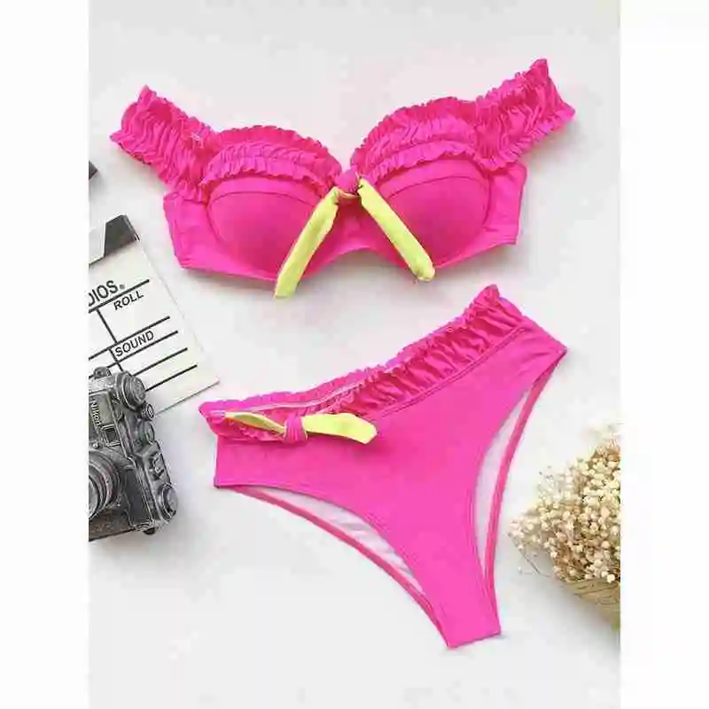 

Chan Double New High Waist Bikini Color Swimsuit Ruffled American Ladies And European Swimwear Swimsuit Y0D7