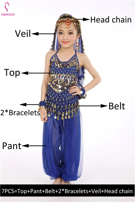 Royal Blue 7pcs Детский набор костюма для танца живота Восточные Танцевальные костюмы для девочек Египетский Болливуд индийский танец живота одежда Индия 8 цветов - Цвет: Royal Blue 7pcs