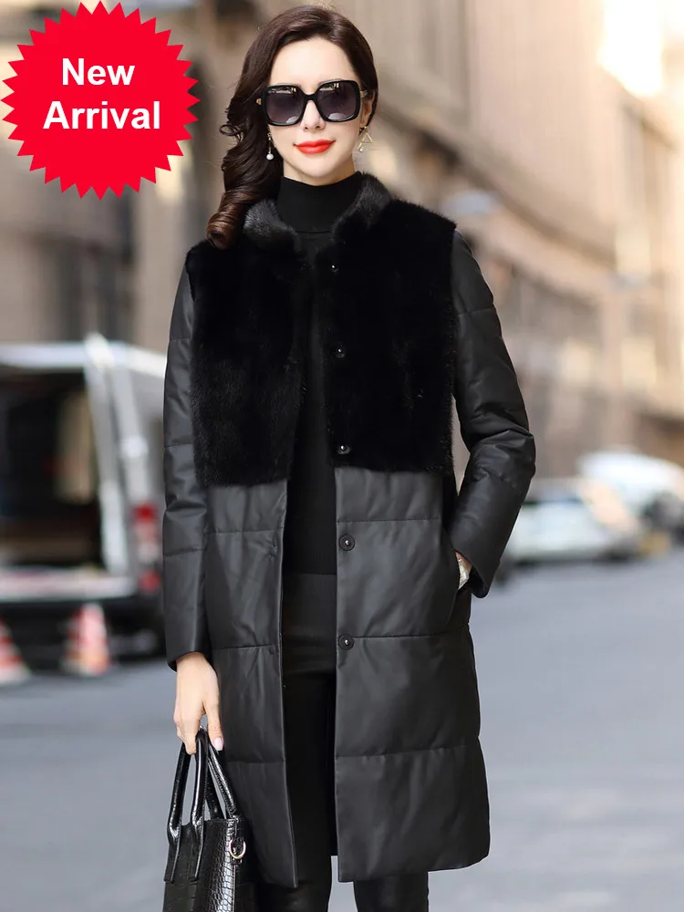 

fashion mink fur stitching sheep leather down jacket Women's Mid-length winter