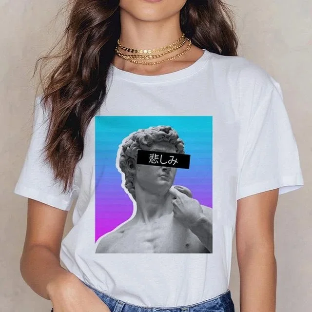 Women Michelangelo T Shirt Ulzzang Hands Femme Vintage Harajuku Tshirt 90s Aesthetic Female Grunge Graphic T-shirt Drop Ship | Женская