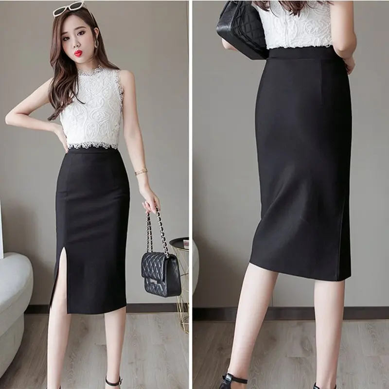 Faldas Mujer Moda Женщин Юбка-карандаш с высокой талией Черный Колен Сексуальные Офисные Дамы Корейский Bodycon Красные юбки Плюс Размер