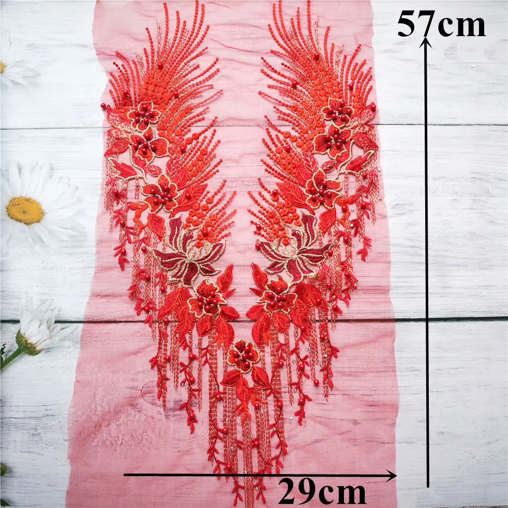 Красная кружевная ткань цветок кисточки бусины вышитая стразами Аппликация для