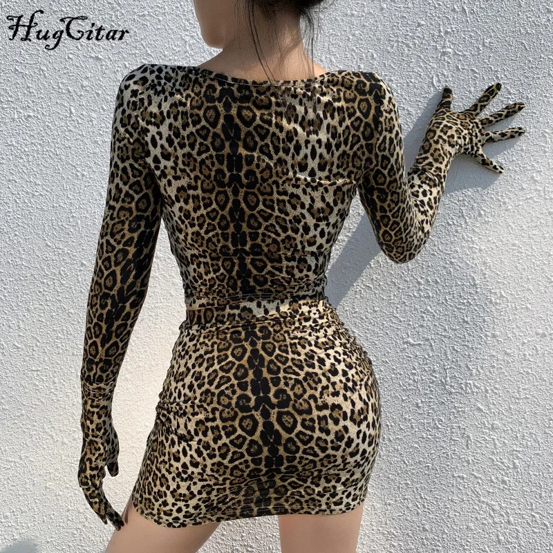 Hugcitar leopard print long sleeve with gloves sexy crop top skirt 2 pieces set autumn winter women streetwear outfits