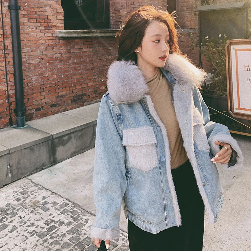 

Unua amo Winter Denim Jacket Women Fur Collar Outwear 2021 Fashion High Quality Thick Warm Fleece Jeans Coat Female YY074A
