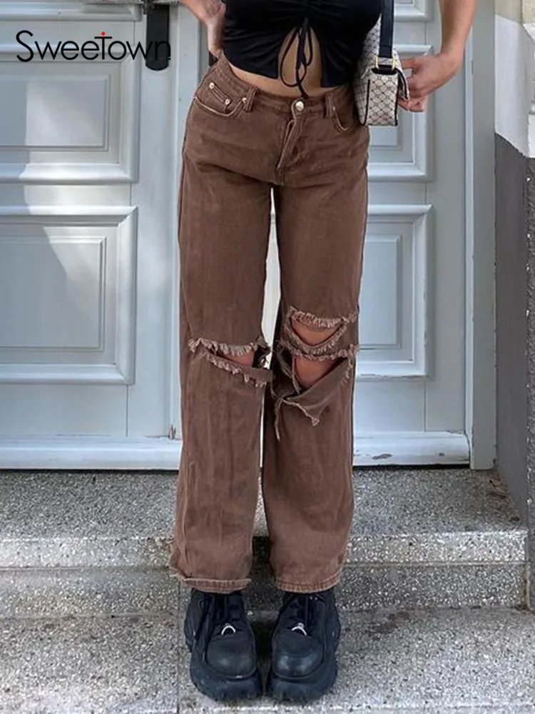 

Sweetown Brown High Waist Y2K Denim Jeans Woman Holes Straight Grunge Trousers Female Vintage Aesthetic Casual Streetwear Pants