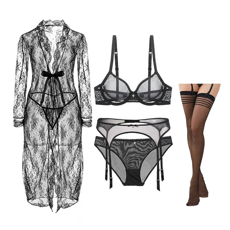 Varsbaby sexy transparent yarn breathable bra set Robe+Bra+ Panties+Garters+Stockings +Thong 6 Pcs