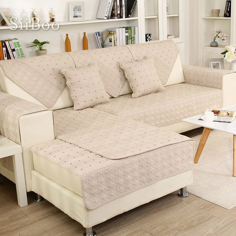 Хлопковый стеганый чехол для дивана с вышивкой в полоску бежевого серого и