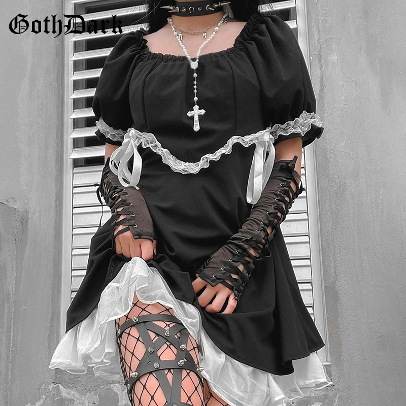 

Goth Dark Mall Gothic Bow Lace Up Women Dresses Lolita Harajuku Kwaii Black Partywear Puff Sleeve Grunge Lace Trim Night Dress