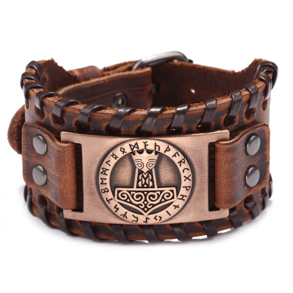 QNW2602 Brown Браслет-манжета из натуральной кожи с регулируемой металлической пряжкой Viking Compass Vegvisir для женщин и мужчин - Окраска металла: QNW2602 Brown