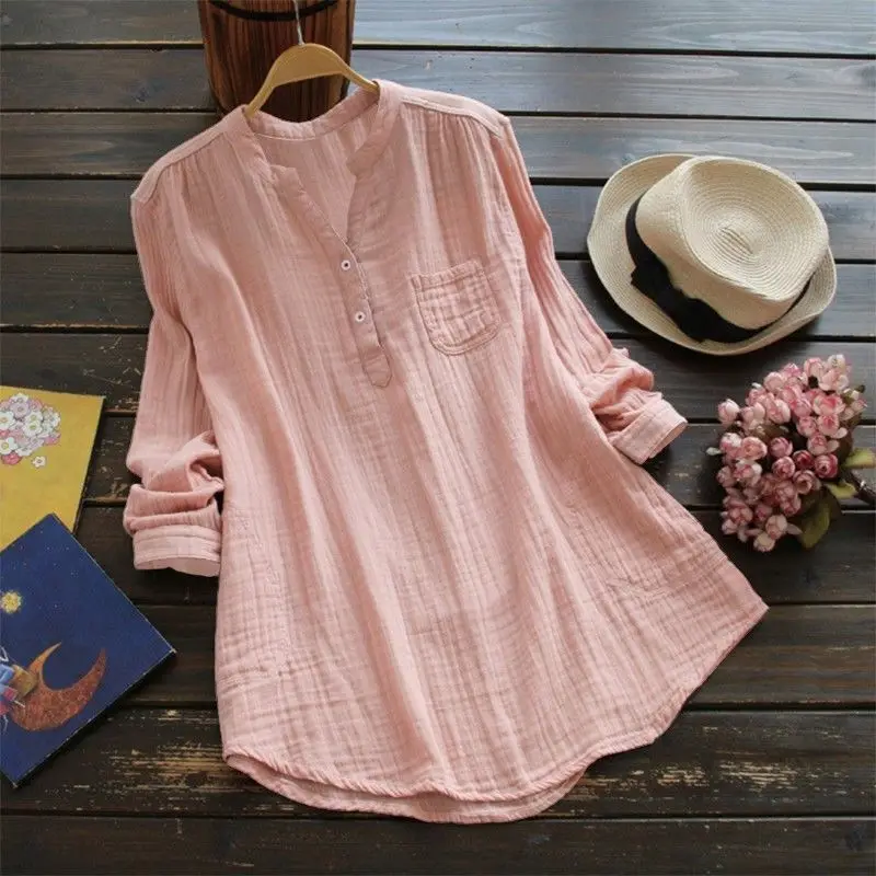 New Women Plus Size Blouse Summer Solid V Neck Blouses Loose Baggy Tops Tunic Shirts Womens Button Long Sleeve Tops Blusas Mujer