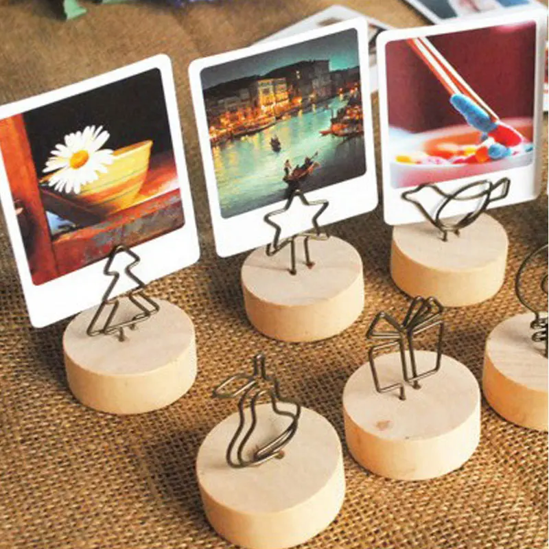 

New Creative Wooden Base Photo Clip Picture Frame Iron Card Holder Home Desktop Ornament Message Folders Round Frame Decor Tools