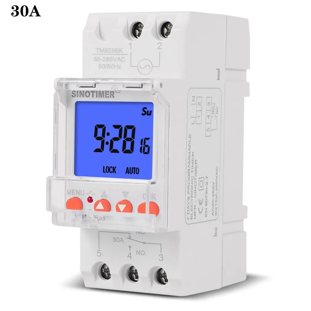 

16A/30A Big LCD Display Backlight Digital Weekly Programmer 85-265V 1NO + 1NC Cycle Time Controller DIN Rail