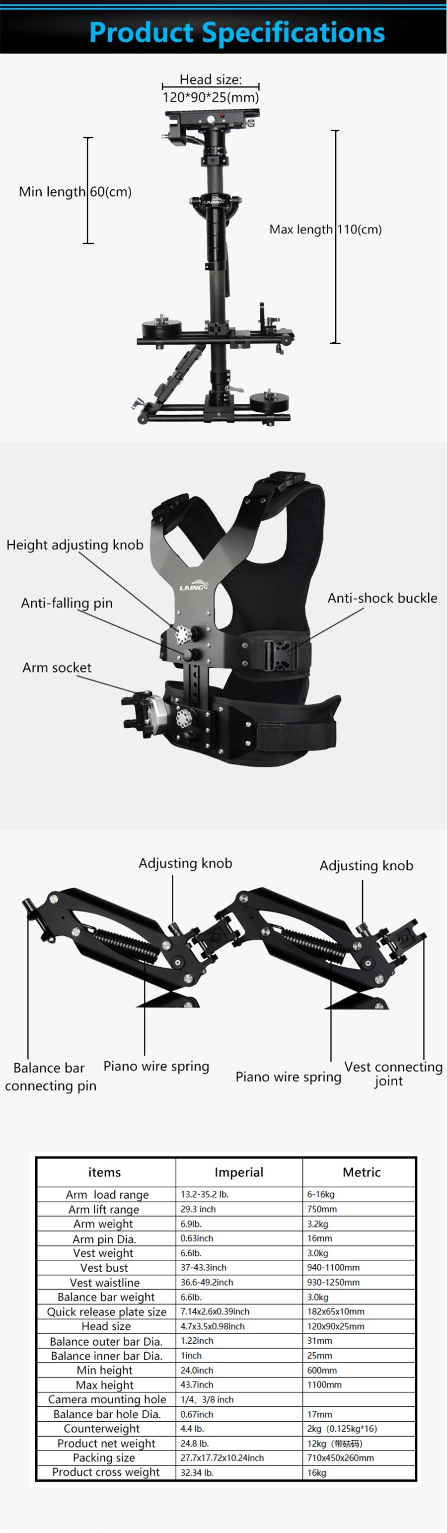 LAING M30PX 6-16 кг вес медведя из углеродного волокна Видеокамера Steadicam Стабилизатор Steadycam фотографии жилет двойной поддержки Arm
