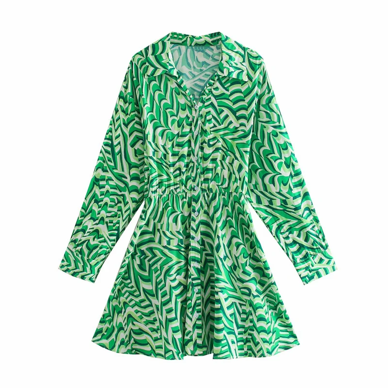 

Spring and Autumn Women's Casual Printed Lapel Long Sleeve Dress