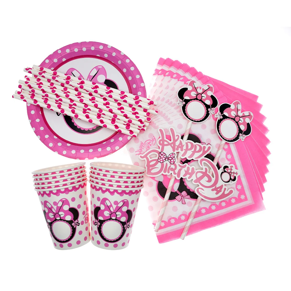 Розовый набор посуды для дня рождения с Минни одноразовой чашки тарелки