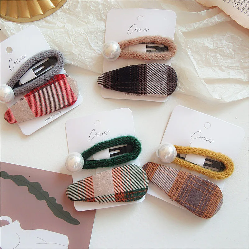 

2020 New Colorful Wool Weave Hair Clips Plaid Barrette Imitation Pearl Hairgrip Exquisite Hair Accessories for Women Party Gifts