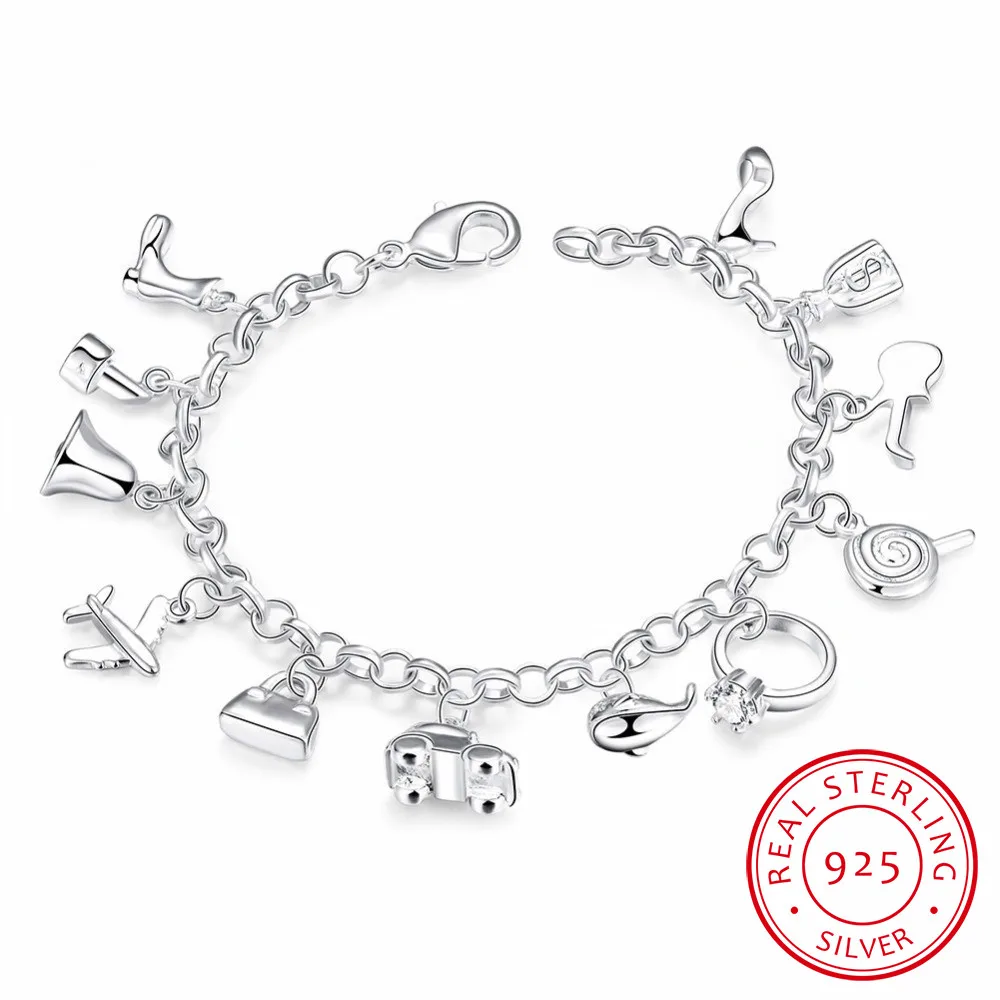 

Pretty Bracelets 925 Sterling Silver AAA Zircon Crystal Bracelets 12 Pendants Charms Bangles For Woman New Fine Jewelry