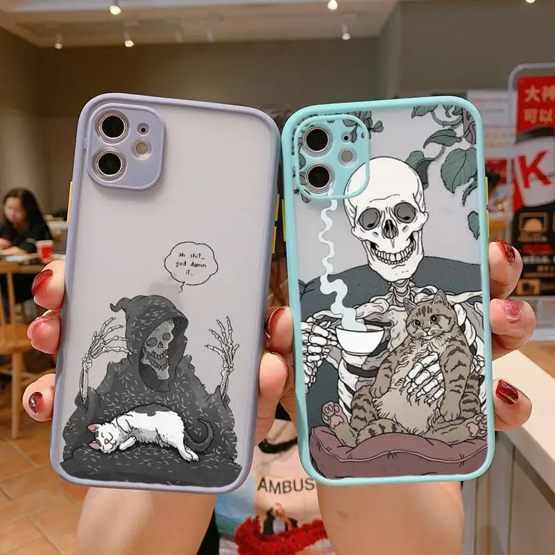 

Skeleton and cat Phone Case For iPhone 13 12 11 Mini Pro XR XS Max 7 8 Plus X Matte transparent blue Back Cover