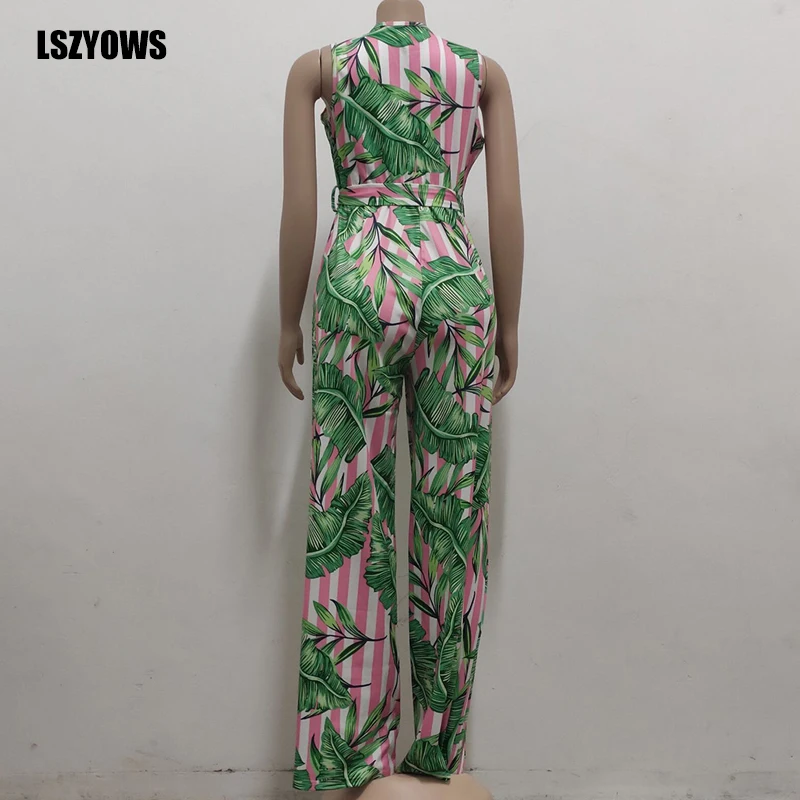 

Floral Striped Print Jumpsuits Women Rompers Summer Sleeveless V-Neck Lace Up Wide Leg Jumpsuit Female Overalls Casual Playsuits