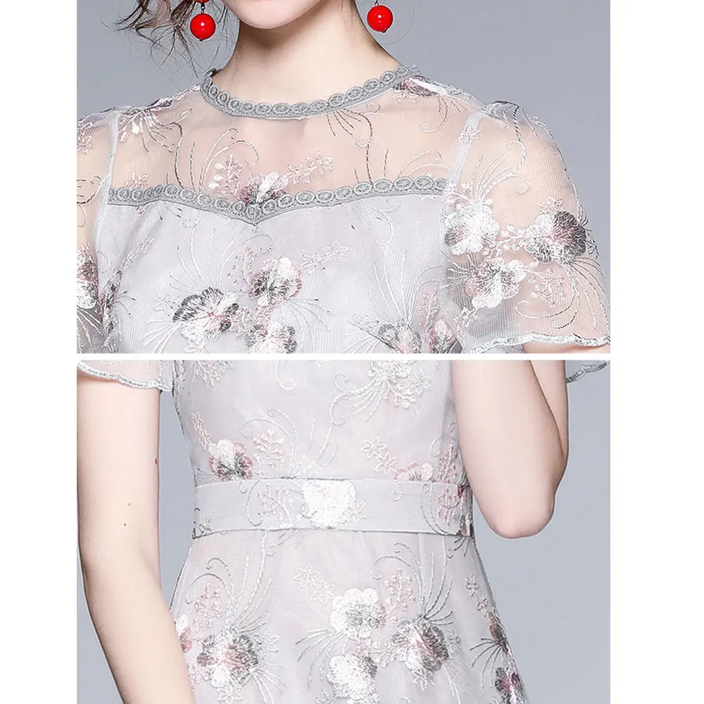 

Merchall 2021 New Runway Fashion Light luxury Ladies Dress Woman Mesh Embroidery O Neck Short Sleeve Party Long Dresses M69963