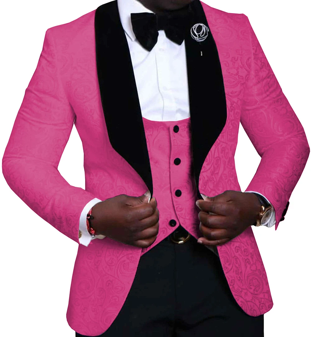 Мужские костюмы цвета фуксии 3 предмета цветочный жаккард Черная шаль с