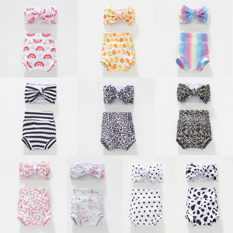 1 Set Baby Infant Toddler Girls Shorts Floral Dots Loose Pants Bloomer Princess Diaper Cover and Bowknot Headband Set