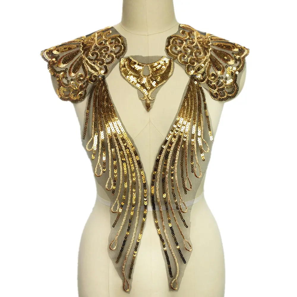 Вышитая кружевная аппликация золотые блестки цветок свадебное благородное