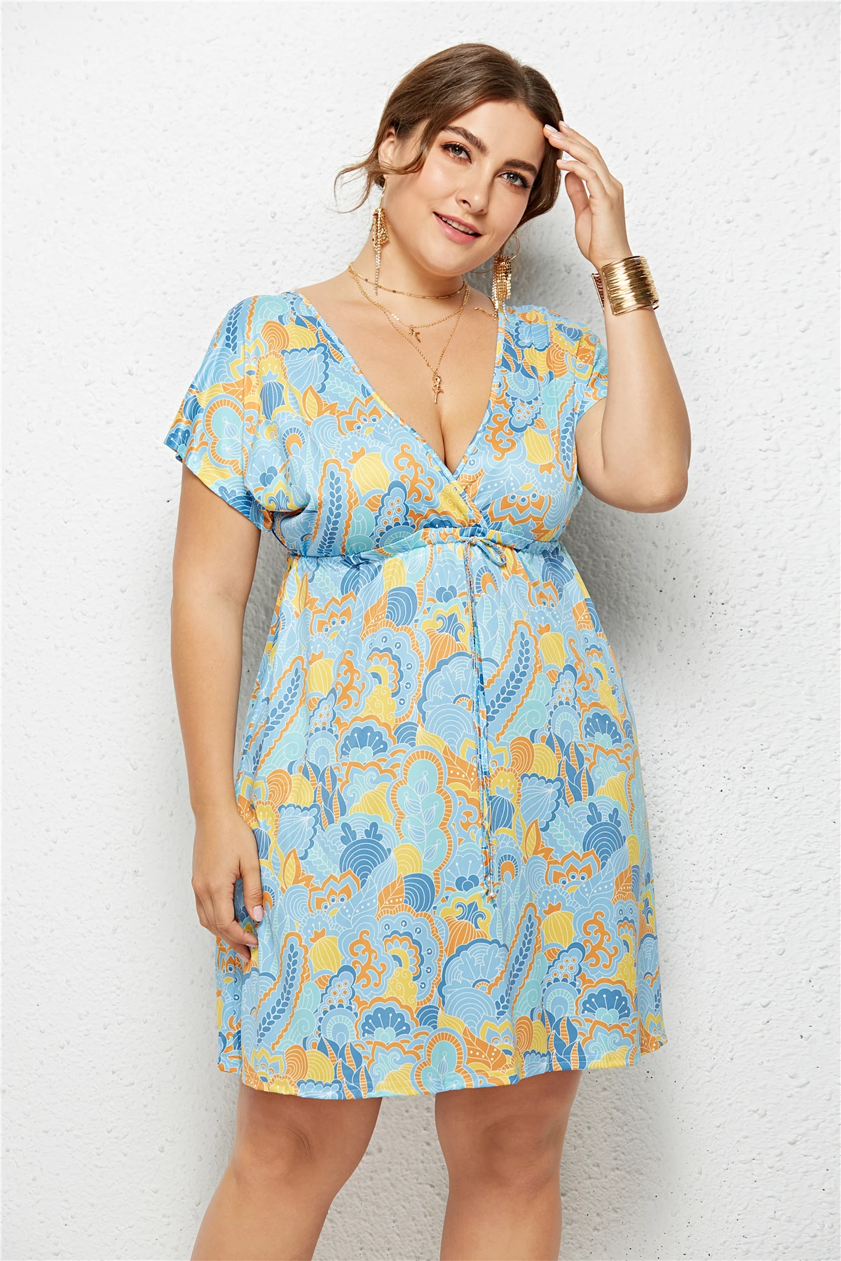 

Women Summer 4XL V-Neck Dress Printed Slim Fit Split One-piece Sexy Short Dress