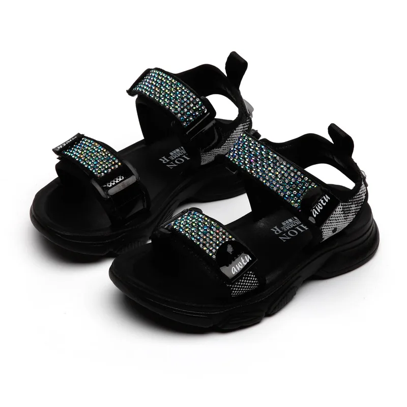 

2021 Summer Kids Girl Shoes Sandals Hook&Loop Solid Round Toe Fashion Sweet Flat Heels Crystal Beach Sandals