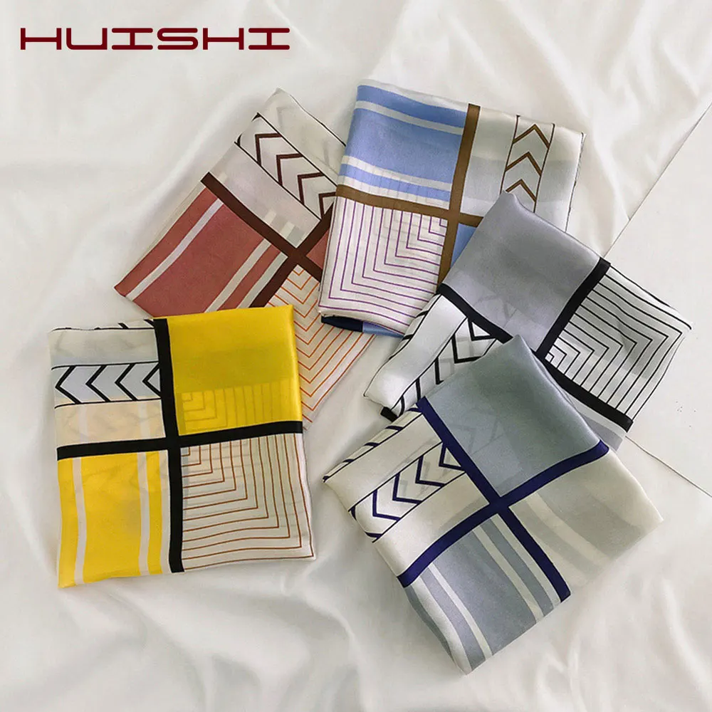 

HUISHI Plaid Scarf Woman Summer Beach Shopping Business Silk Scarf Stripe Print Shawls For Women Female Bandana 53cm Hot Sale