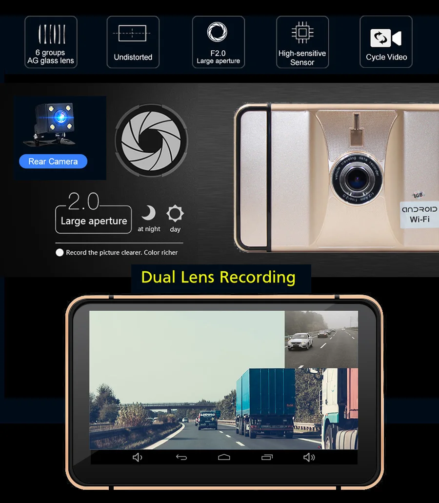 Автомобильный видеорегистратор с GPS навигацией Anfilite 7 дюймов FHD 1080P 512 М 8 ГБ android Wi