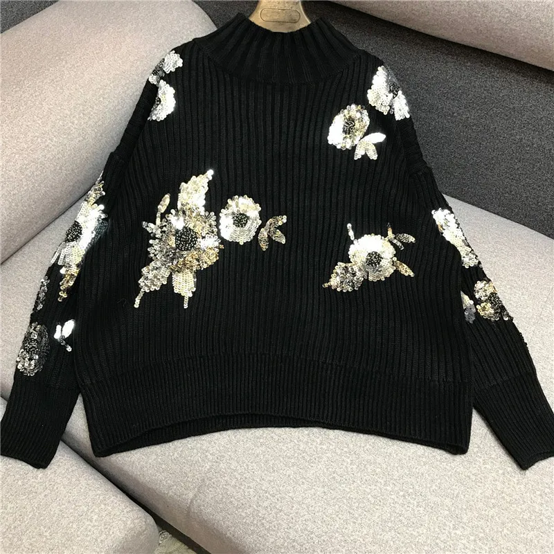 Черный свитер женский 2019 осень и зима бисер цветок украшение расшитые блестками