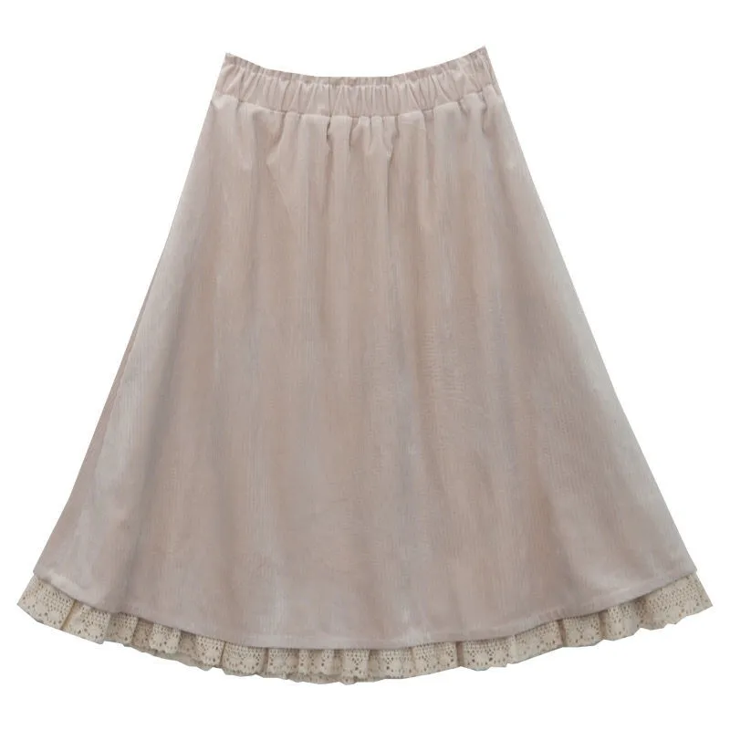 

Vintage Elegant Autumn Winter Pleated Skirt Women French Lace Panel Skirt High Waist Long Corduroy Skirt Female Students Skirts