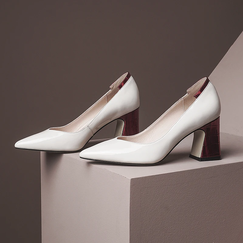 

ISNOM Patent Leather Shoes Woman Pointed toe Basic Pumps Ladies Dress High Heels Shoes Women Pumps Mixed Color Heels