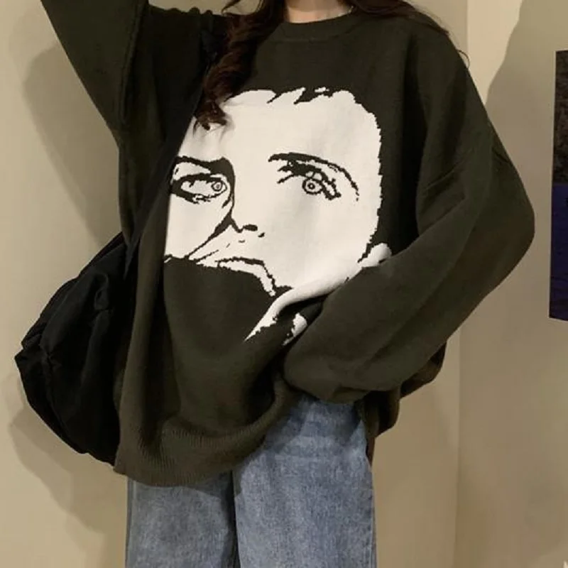 

Deeptown Korean Style Sweater Women Oversized Graphic Print Pullover Hip Hop Autumn Winter Lazy Wind Long Sleeve Female Jumper