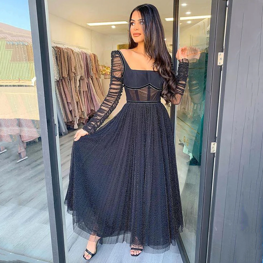 

Sevintage Black Glitter Dotted Tulle Prom Dress Pleats Long Sleeves Tea-Length Evening Gowns 2021 Women Special Occasion Dresses